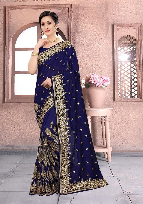 Navy Embroidered Silk Saree Set