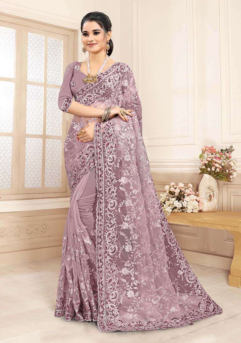 Mouse Net Saree Set with Embroidered for Diwali | Wedding & Festive Wear - Indya