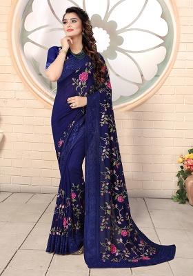 Navy Embroidered Silk Saree Set