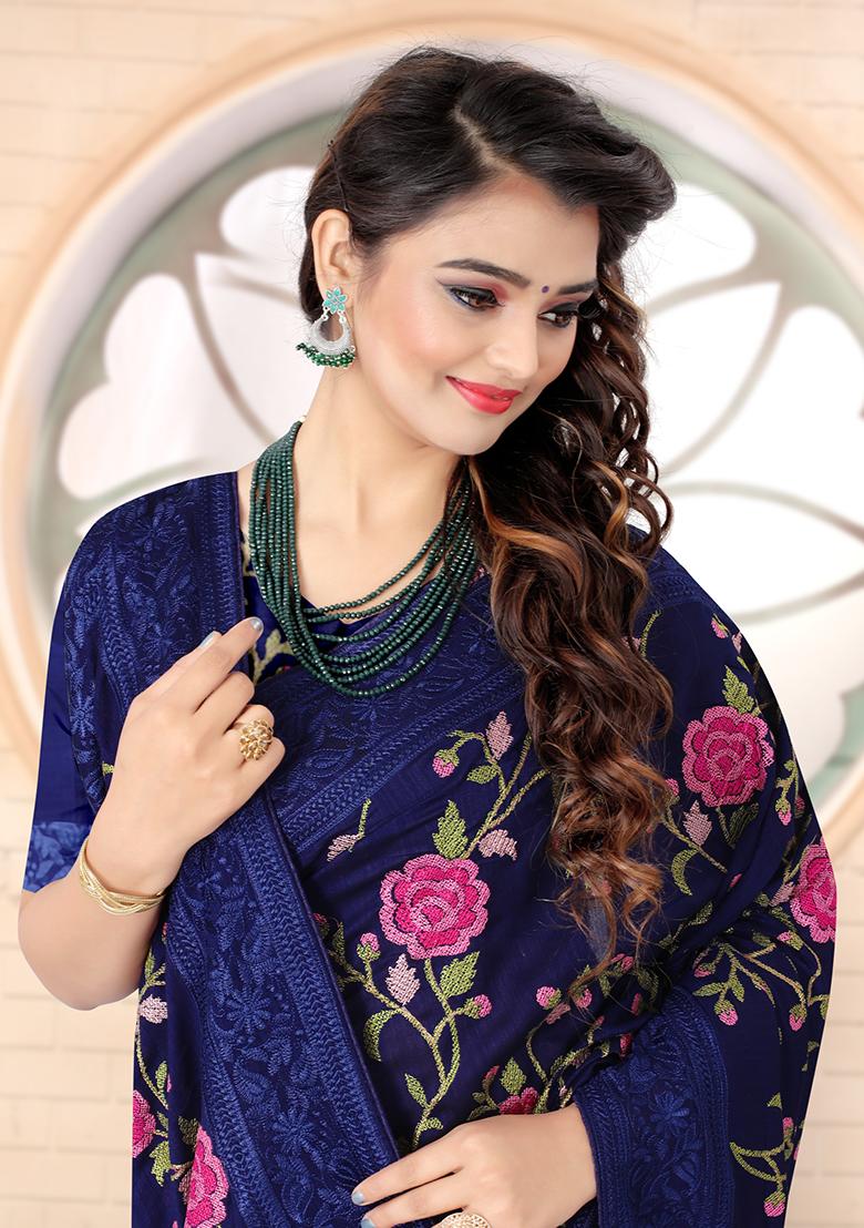 Navy Embroidered Silk Saree Set - Indya