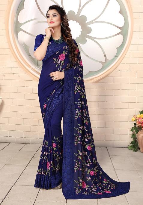 Navy Embroidered Silk Saree Set