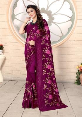 Wine Embroidered Silk Saree Set