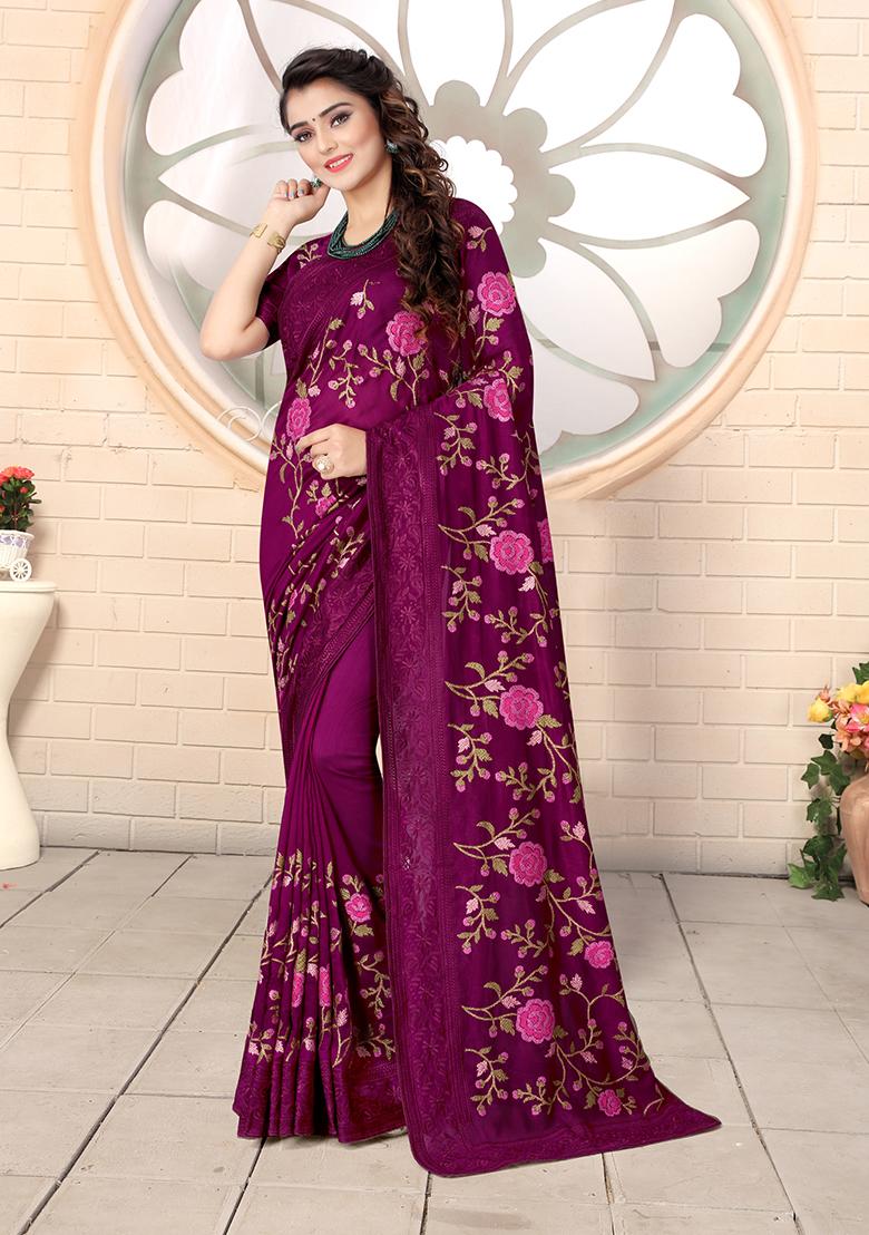 Wine Embroidered Silk Saree Set - Indya