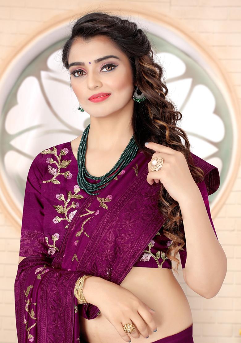 Wine Embroidered Silk Saree Set