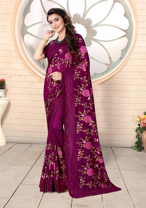 Wine Embroidered Silk Saree Set