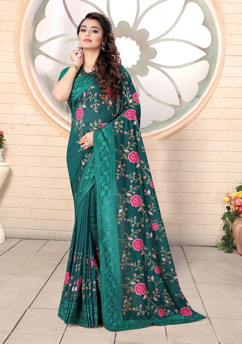Rama Embroidered Silk Blend Saree Set for Diwali and Festive Wear - Indya