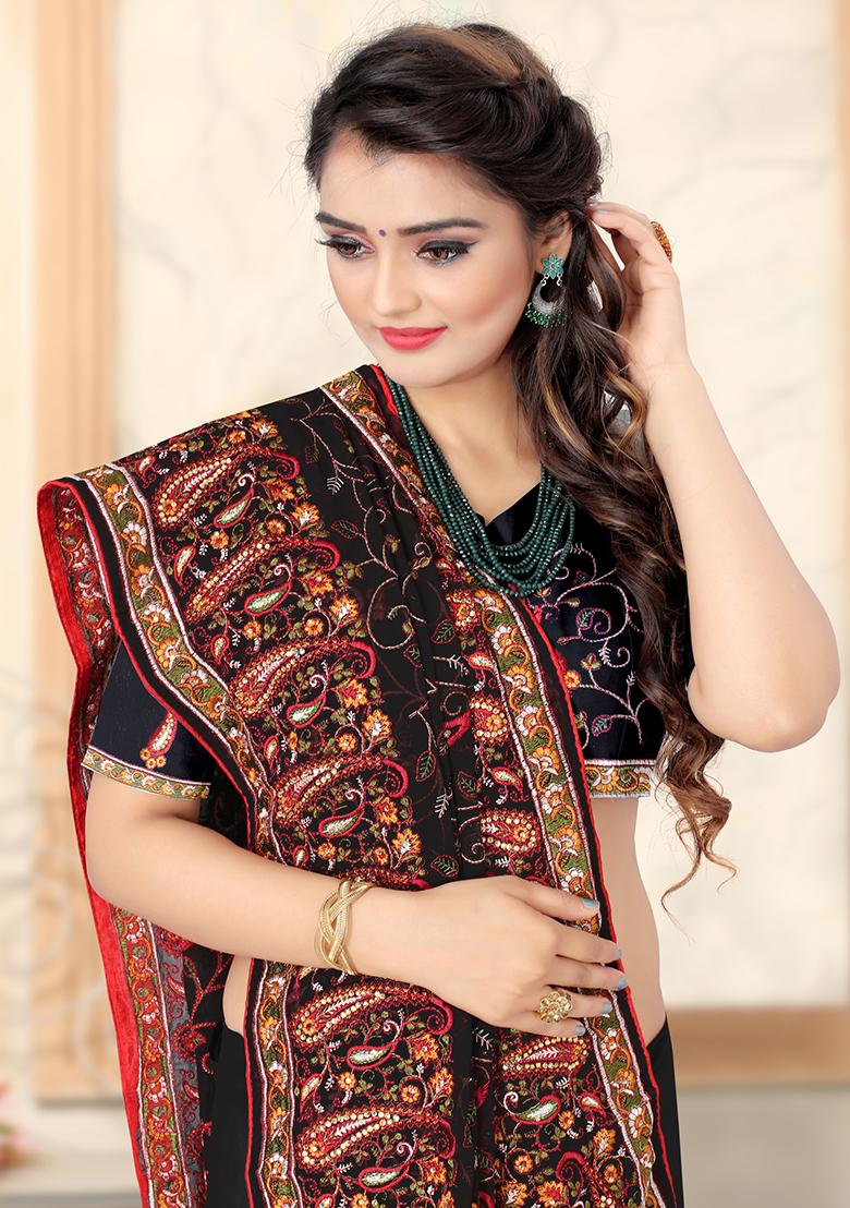 Black Embroidered Georgette Saree Set - Indya