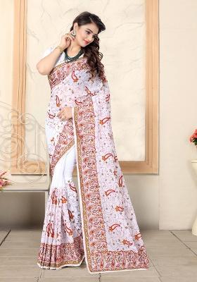 White Embroidered Georgette Saree Set