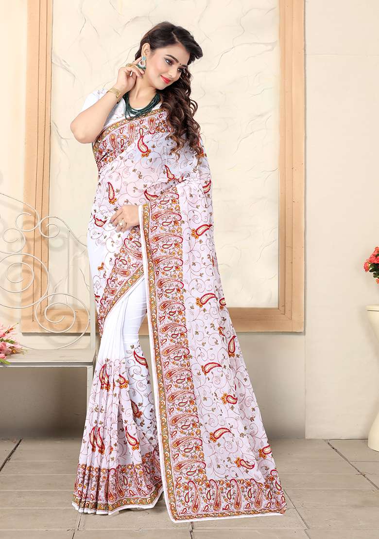 White Embroidered Georgette Saree Set for Diwali and Festive Wear - Indya
