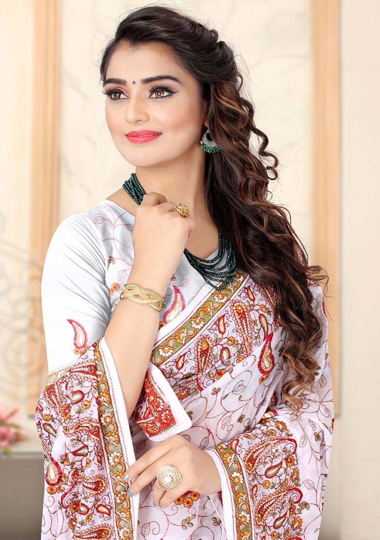 White Embroidered Georgette Saree Set - Indya