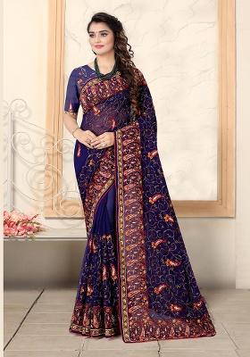 Navy Embroidered Georgette Saree Set