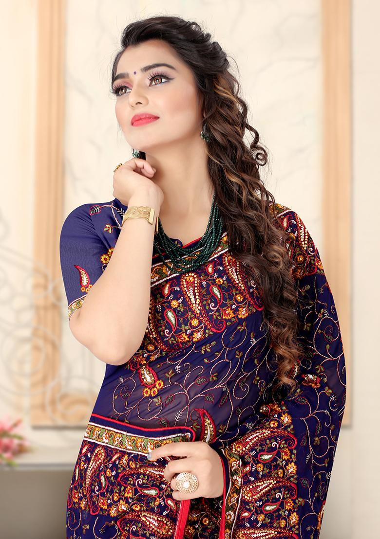 Navy Embroidered Georgette Saree Set - Indya