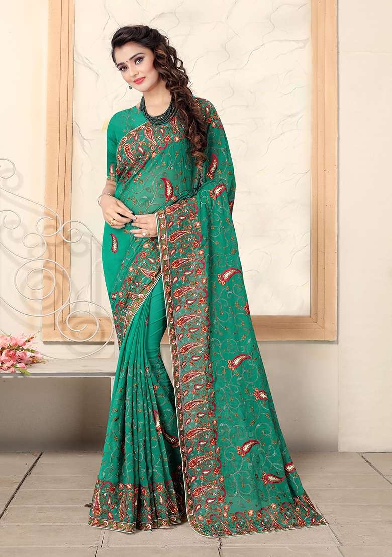 Rama Georgette Saree Set with Embroidered for Diwali | Wedding & Festive Wear - Indya