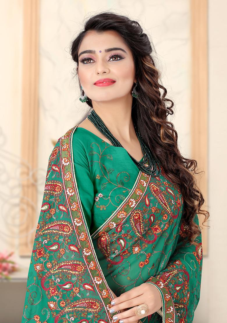 Rama Embroidered Georgette Saree Set - Indya