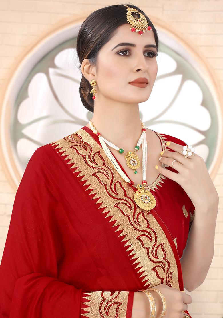 Red Embroidered Silk Saree Set - Indya