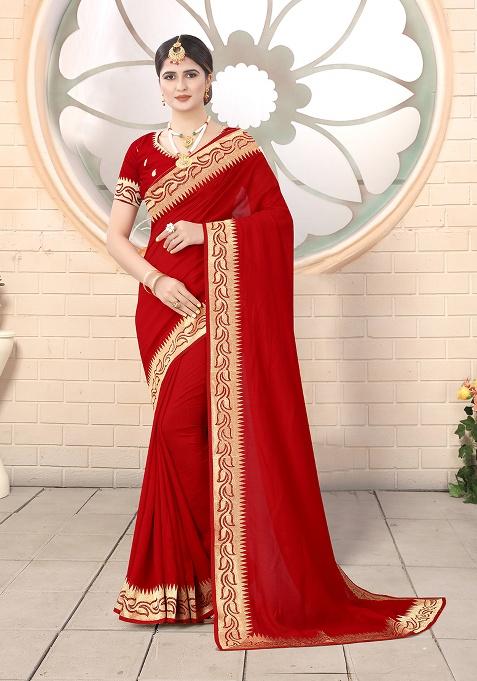 Red Embroidered Silk Saree Set