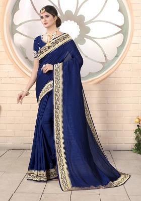 Navy Embroidered Silk Saree Set
