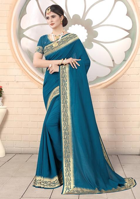 Blue Embroidered Silk Saree Set