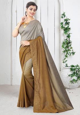 Mustard Embroidered Silk Saree Set