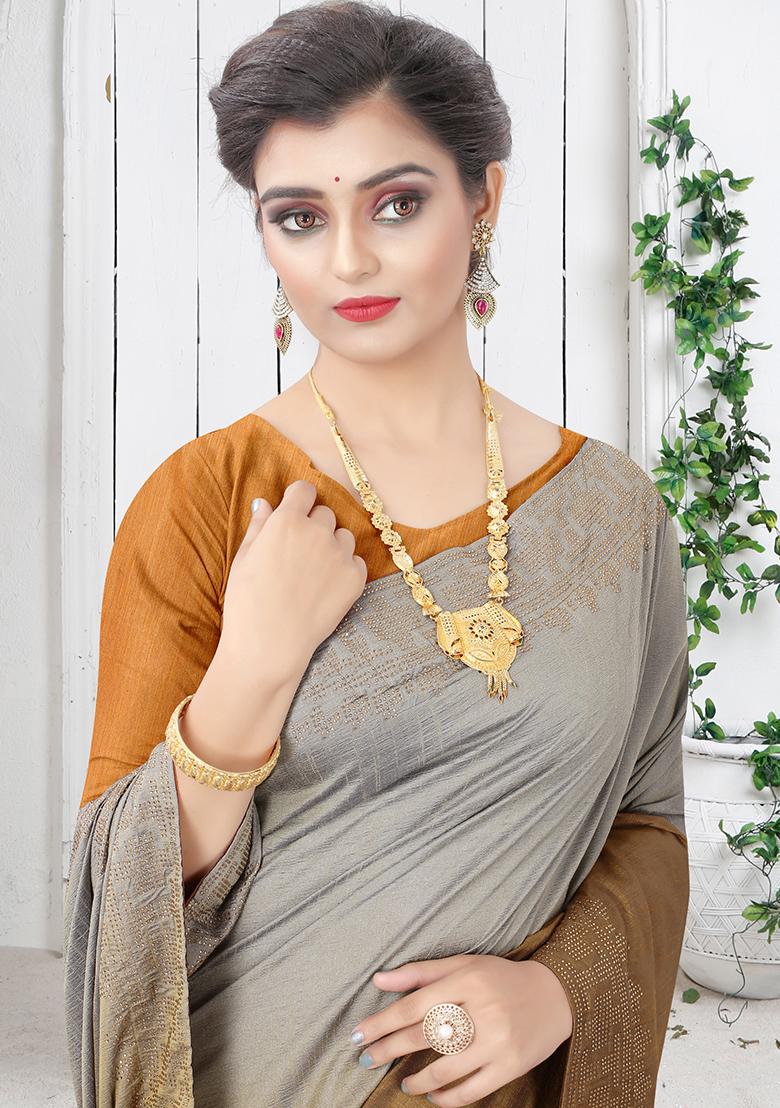 Mustard Embroidered Silk Saree Set - Indya