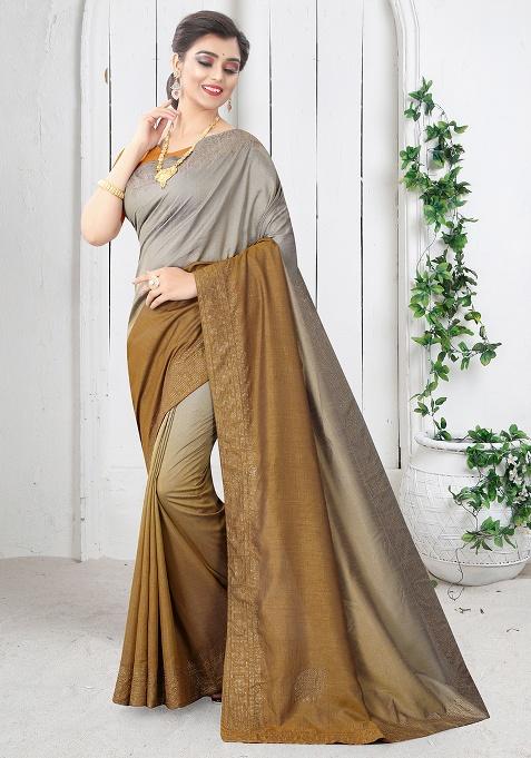 Mustard Embroidered Silk Saree Set