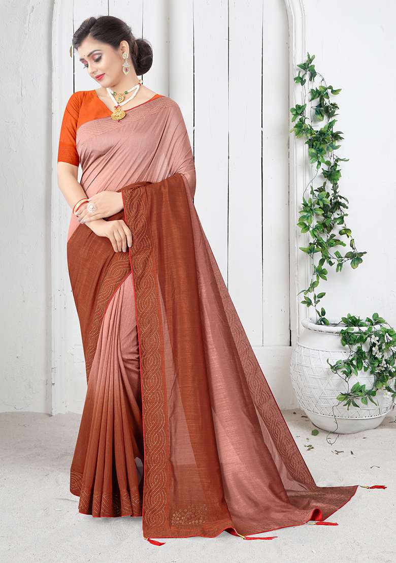Rust Embroidered Silk Blend Saree Set for Diwali and Festive Wear - Indya