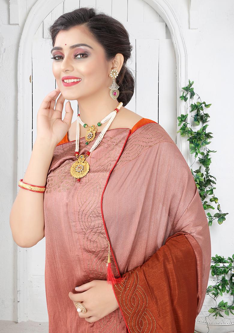 Rust Embroidered Silk Saree Set - Indya