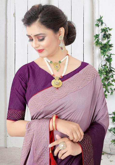 Wine Embroidered Silk Saree Set