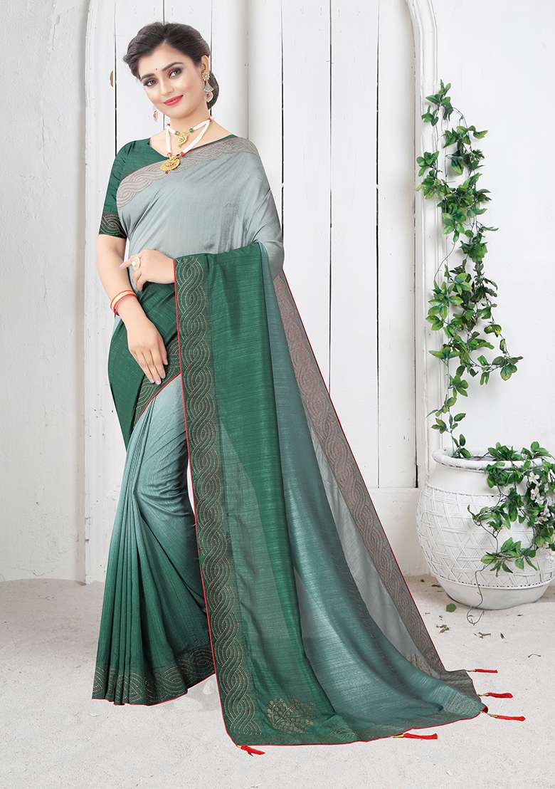 Rama Embroidered Silk Blend Saree Set for Diwali and Festive Wear - Indya