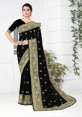 Black Embroidered Silk Saree Set