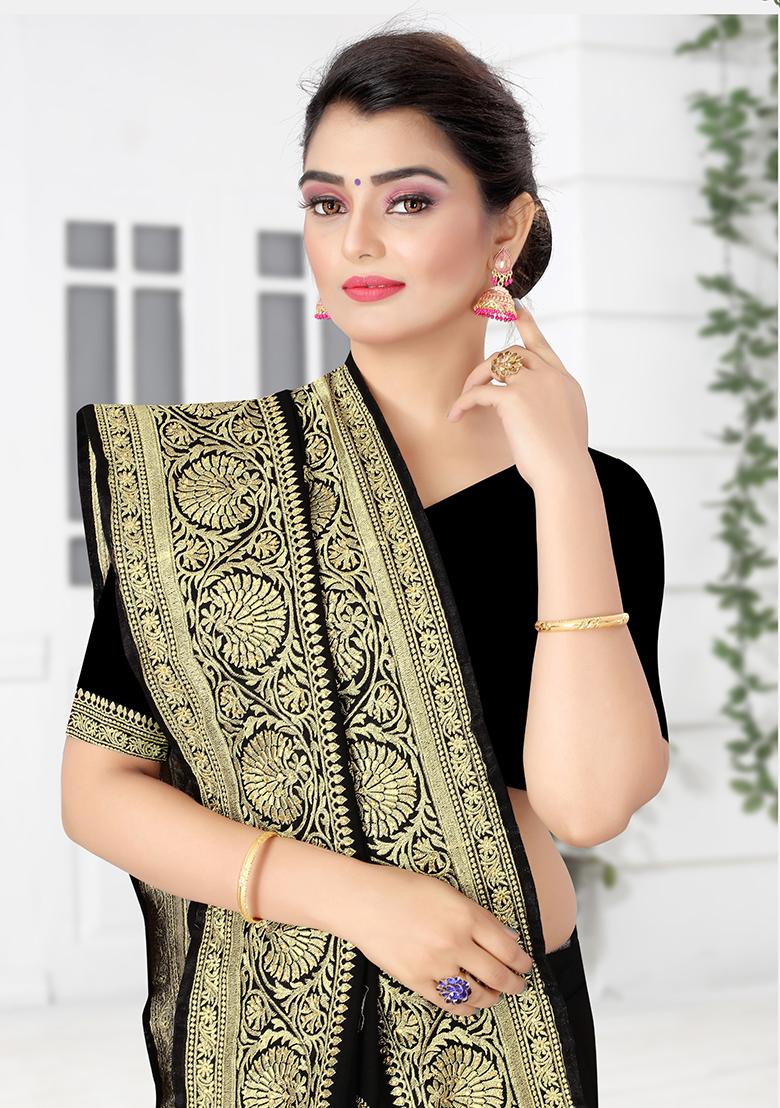Black Embroidered Silk Saree Set - Indya