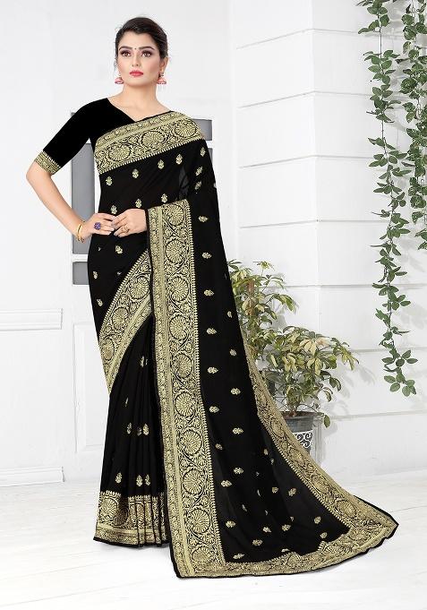 Black Embroidered Silk Saree Set