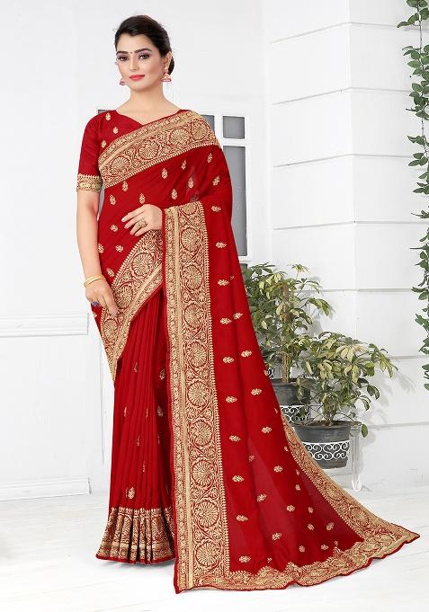 Red Embroidered Silk Saree Set