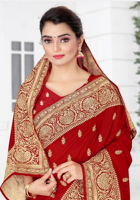 Red Embroidered Silk Saree Set