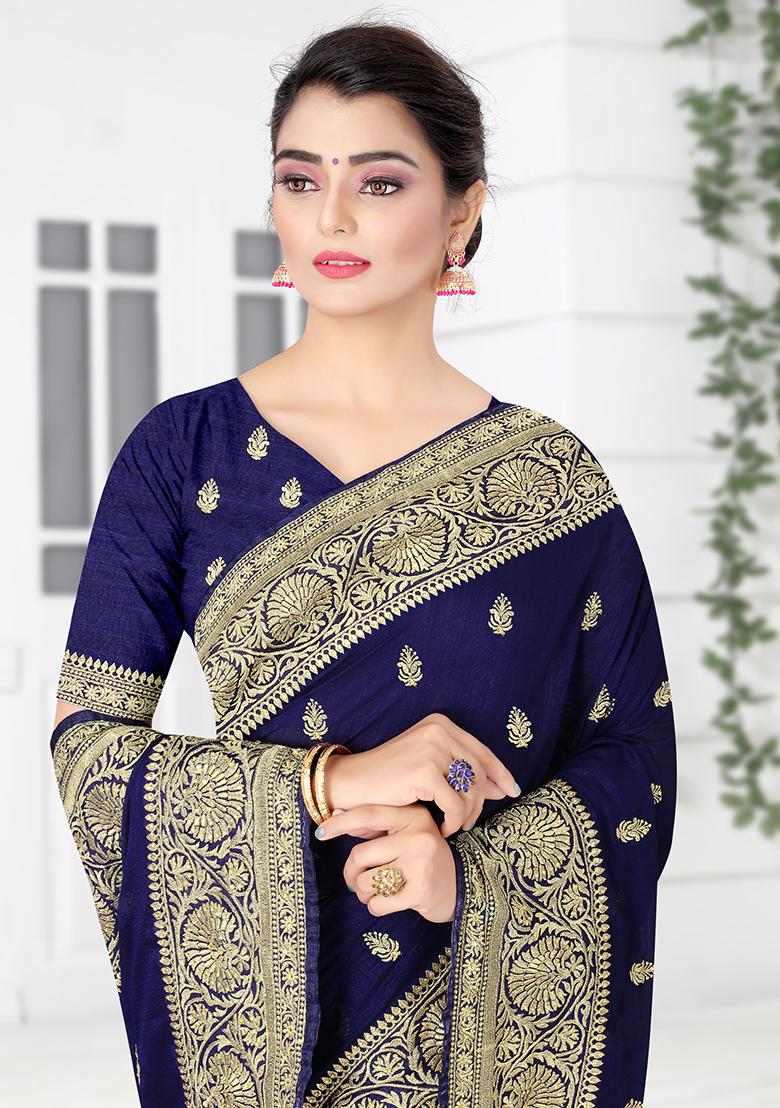 Navy Embroidered Silk Saree Set - Indya