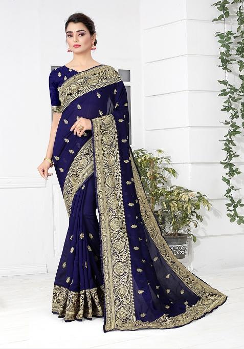 Navy Embroidered Silk Saree Set