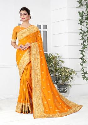 Mustard Embroidered Silk Saree Set
