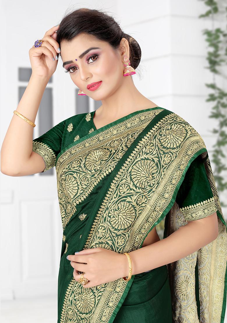 Botel Green Embroidered Silk Saree Set - Indya