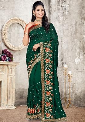 Botel Green Embroidered Silk Saree Set