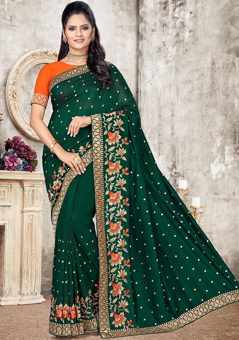 Botel Green Embroidered Silk Saree Set - Indya