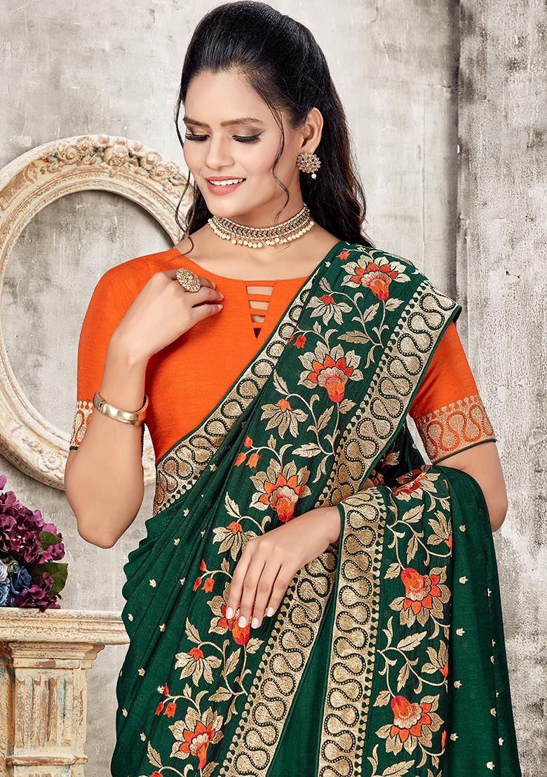 Botel Green Embroidered Silk Saree Set - Indya