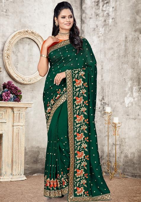 Botel Green Embroidered Silk Saree Set
