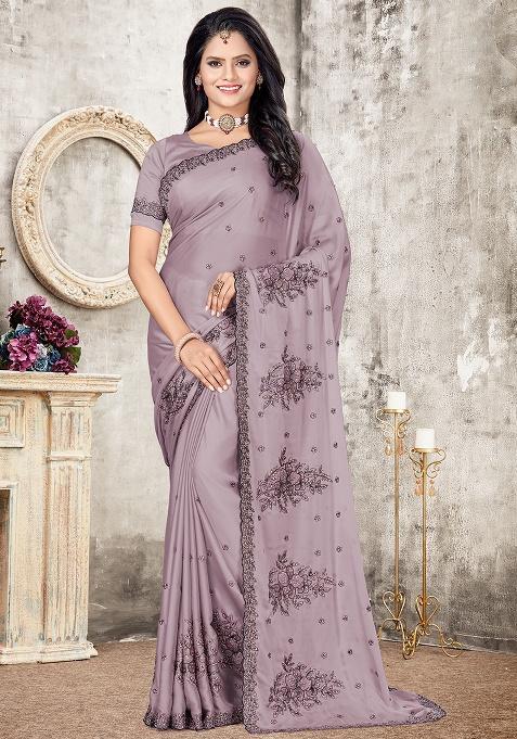 Levander Embroidered Silk Saree Set