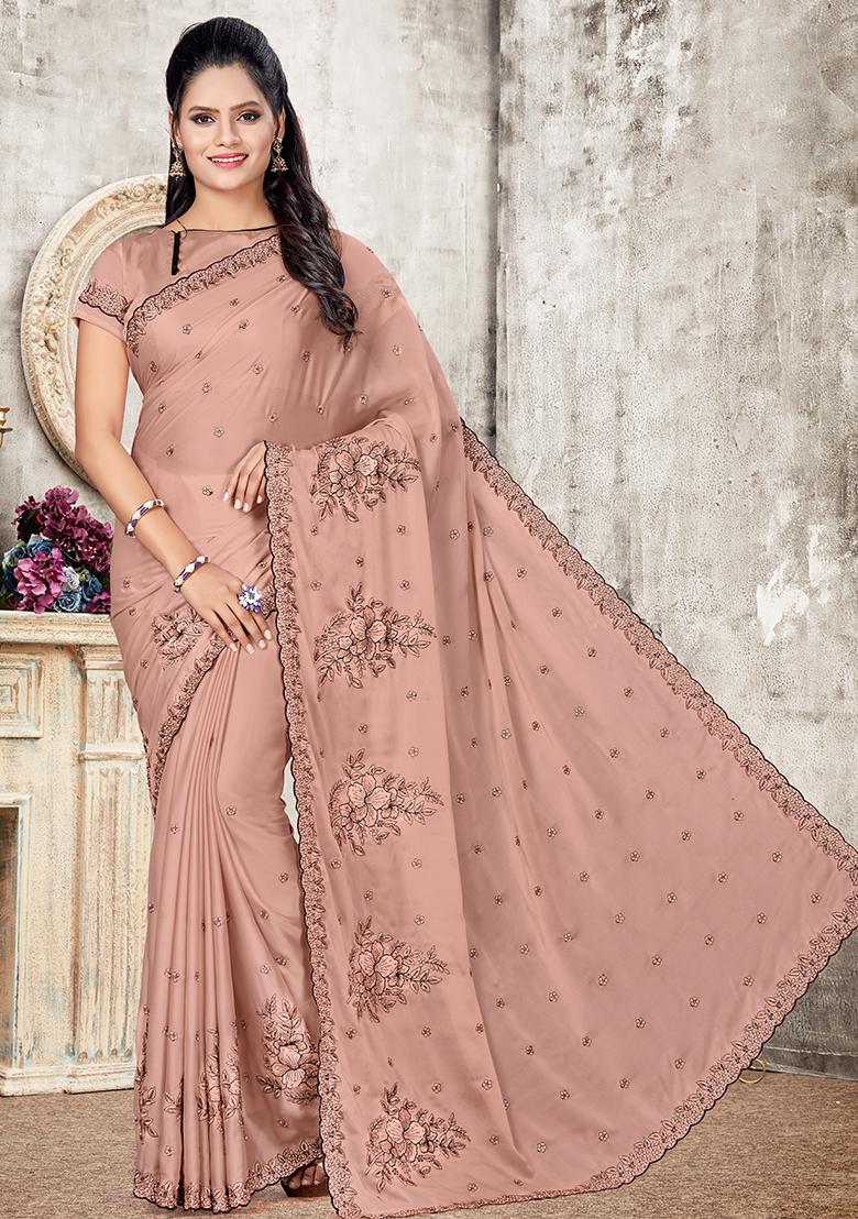Dusty Pech Embroidered Silk Saree Set - Indya