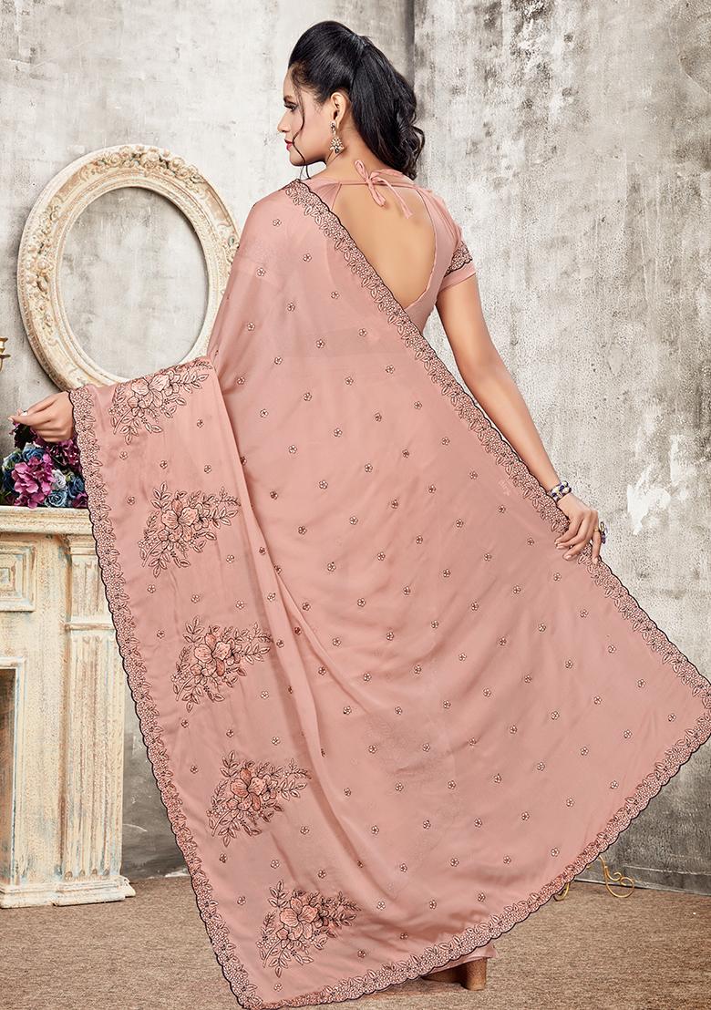 Dusty Pech Embroidered Silk Saree Set