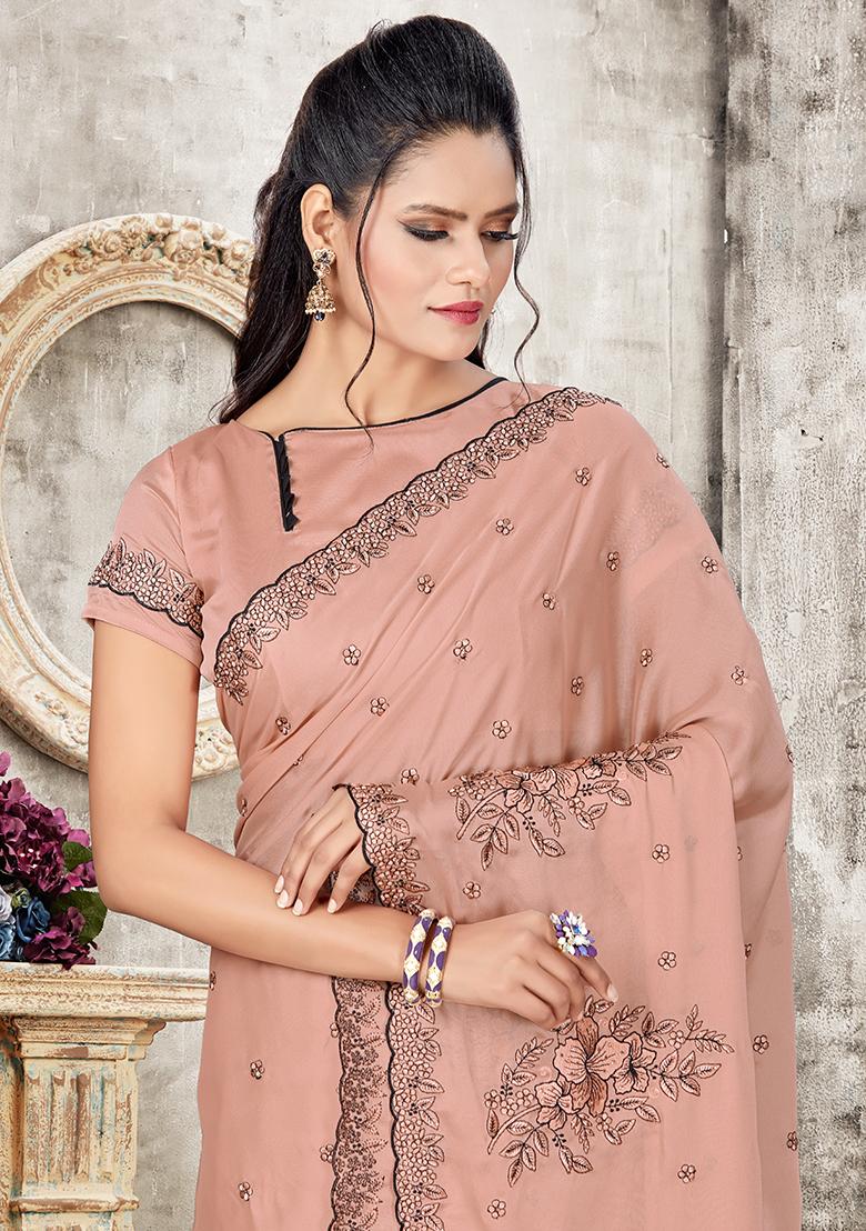 Dusty Pech Embroidered Silk Saree Set - Indya