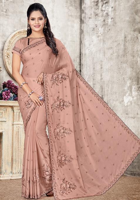 Dusty Pech Embroidered Silk Saree Set