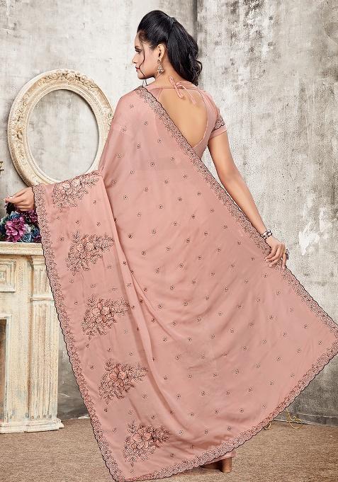 Dusty Pech Embroidered Silk Saree Set
