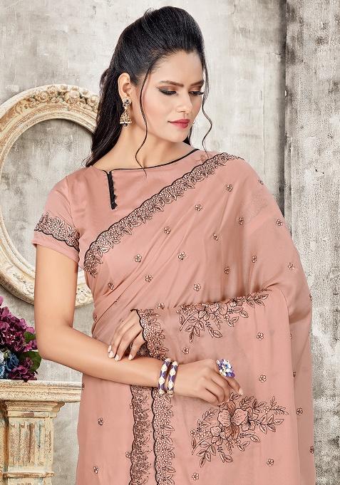 Dusty Pech Embroidered Silk Saree Set