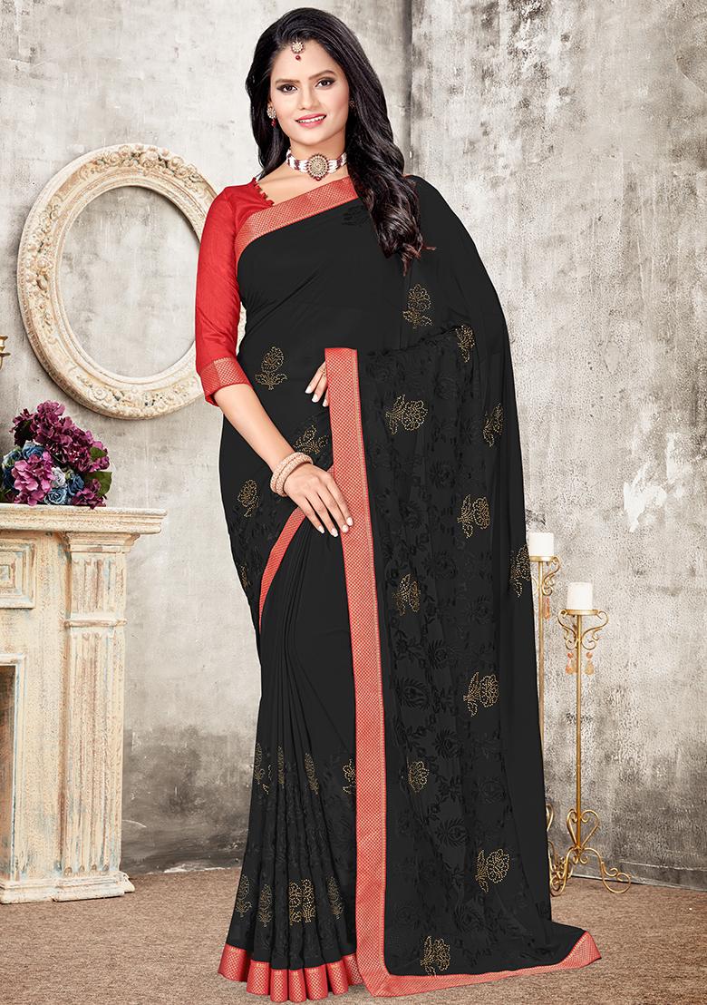 Black Embroidered Georgette Saree Set